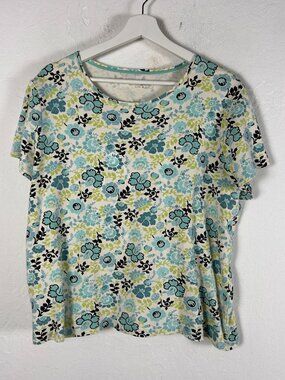 Charter Club Womens Blue Green Floral Pima Cotton Short Sleeve Round Neck Tee 2X